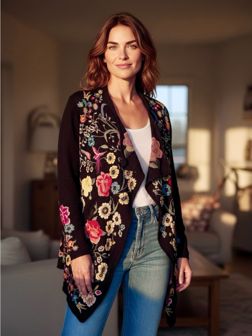 Johnny Was Black Open Drape Cardigan with Multicolor Floral Embroidery